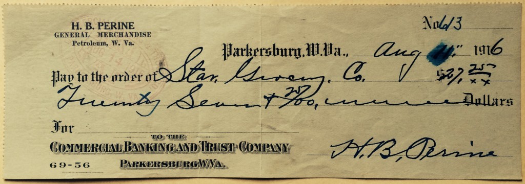 An August 1916 check from the H.B. Perrine store to Star Grocery Co.