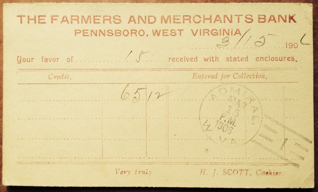 Back of postcard confirming receipt of payment.